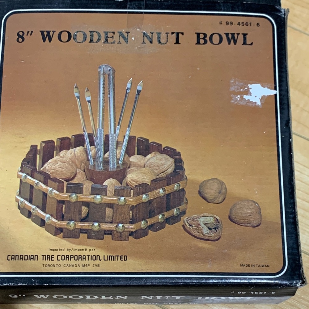 Vintage 8" Wooden Nut Bowl with Picks